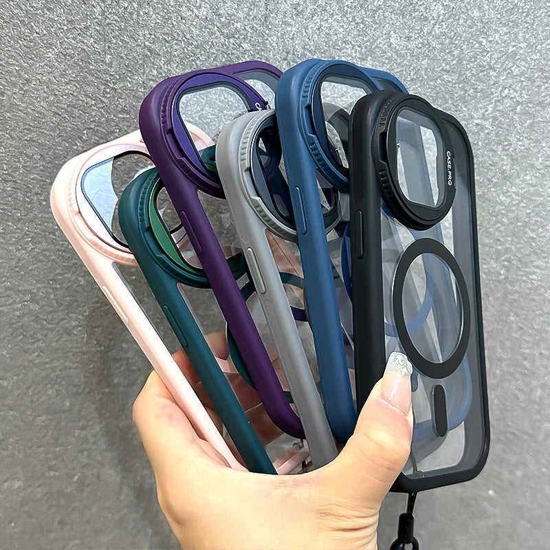Fold Glass Lens Stand Magnetic Transparent Case For iPhone 16 15 14 Magsafe Wrist Strap Shockproof Cover