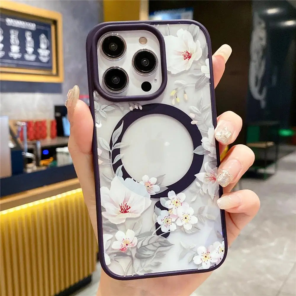 Floral Clear For Magsafe Magnetic Wireless Charging Case For iPhone 16 15 14 Hard Bumper Cover