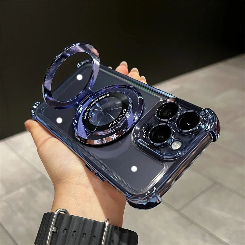 Wireless Charging Magsafe Ring Bracket Case For iPhone 16 15 14 Transparent Magnetic Bumper Cover