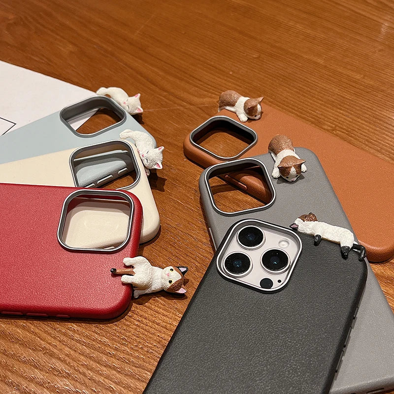 Cute 3D Cartoon Lying Cat Lychee Pattern Leather Phone Case For iPhone 16 15 14 Lovely Soft Cover