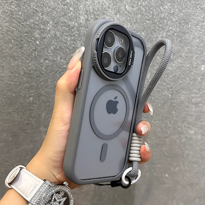 Fold Glass Lens Stand Magnetic Transparent Case For iPhone 16 15 14 Magsafe Wrist Strap Shockproof Cover