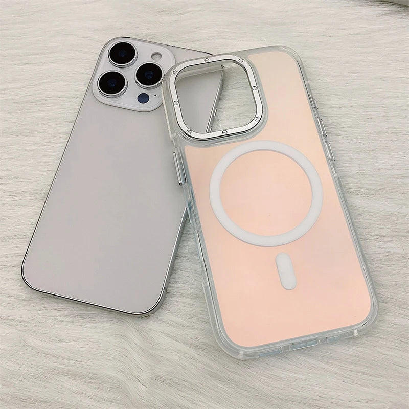 Metal Lens Laser MagSafe Phone Case for iPhone 16 15 14 Frosted Translucent Wireless Charging Hard PC Cover