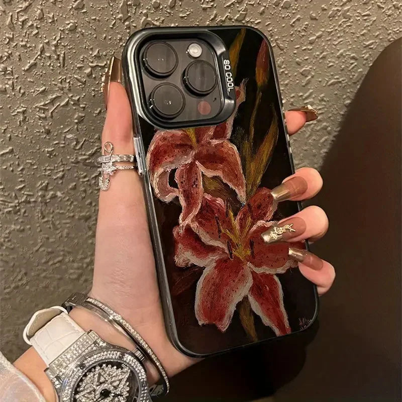 Oil Painting Lily Flower Retro Pattern Phone Case For iPhone 16 15 14 Shockproof Cover