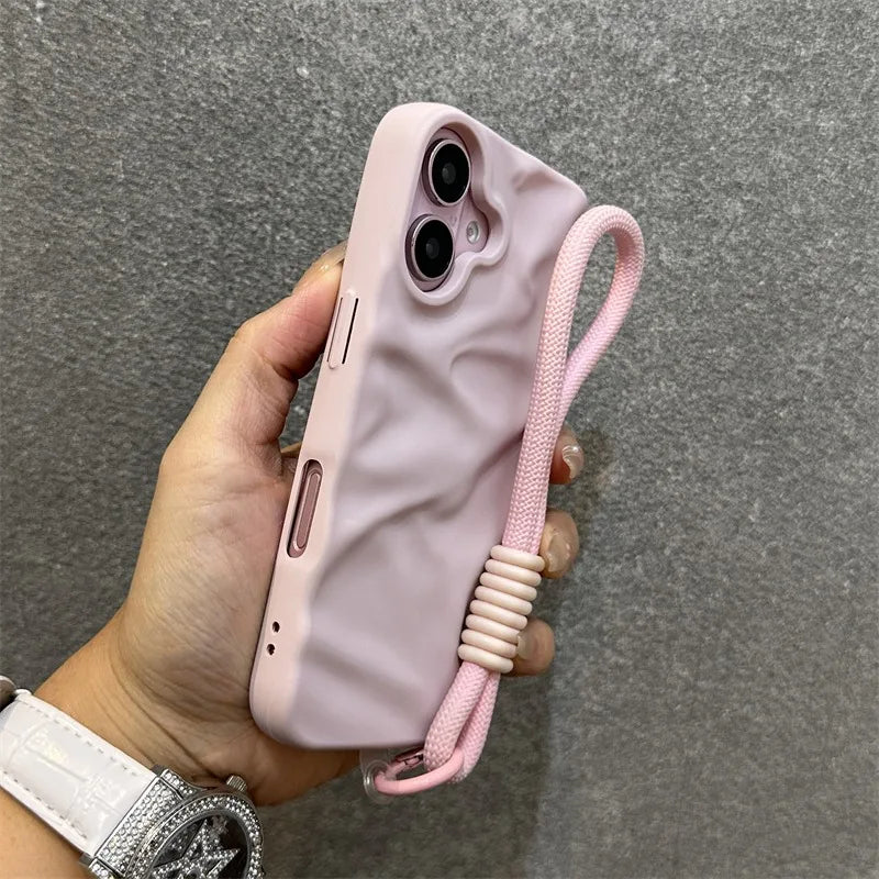 Luxury Wrinkle Matte Wrist Strap Case for iPhone 16 15 14 Lanyard Candy Solid Color Ripple Soft Silicone Cover