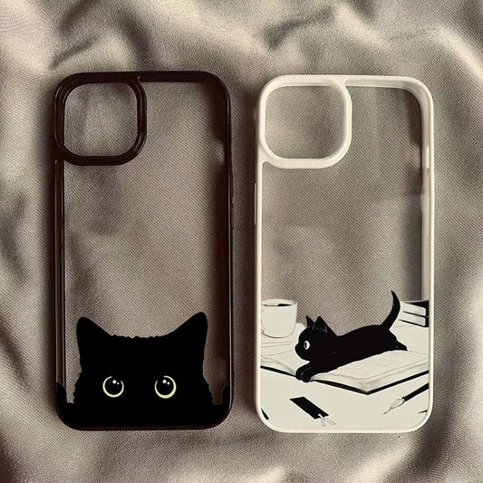 Cute Black Cat Pattern Hard Clear Phone Case For iPhone 16 15 14