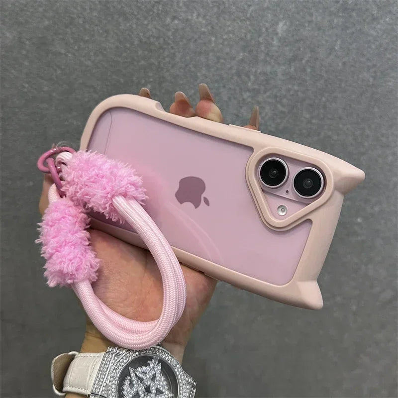 3D Cat Ear Cute Lanyard Magnetic Transparent Case For iPhone 16 15 14 Wristband Clear Magsafe Cover