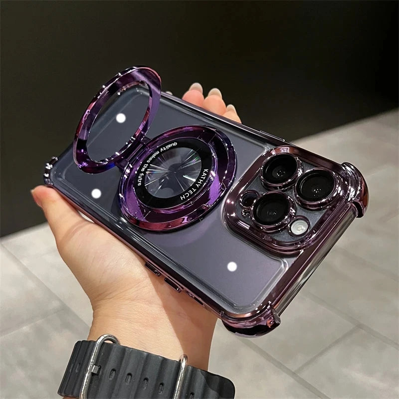 Wireless Charging Magsafe Ring Bracket Case For iPhone 16 15 14 Transparent Magnetic Bumper Cover