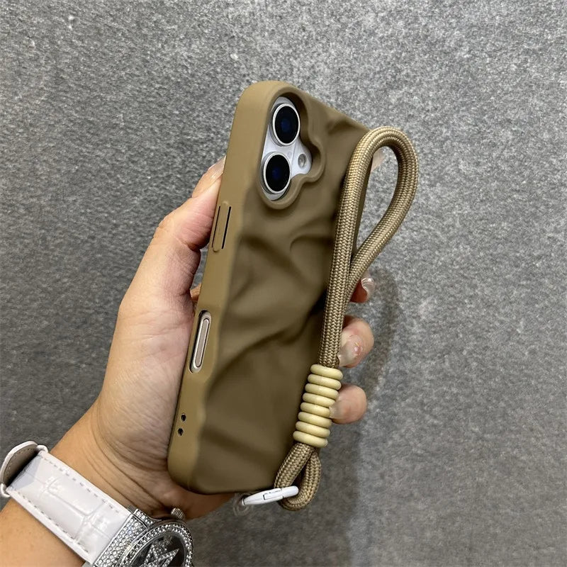 Luxury Wrinkle Matte Wrist Strap Case for iPhone 16 15 14 Lanyard Candy Solid Color Ripple Soft Silicone Cover