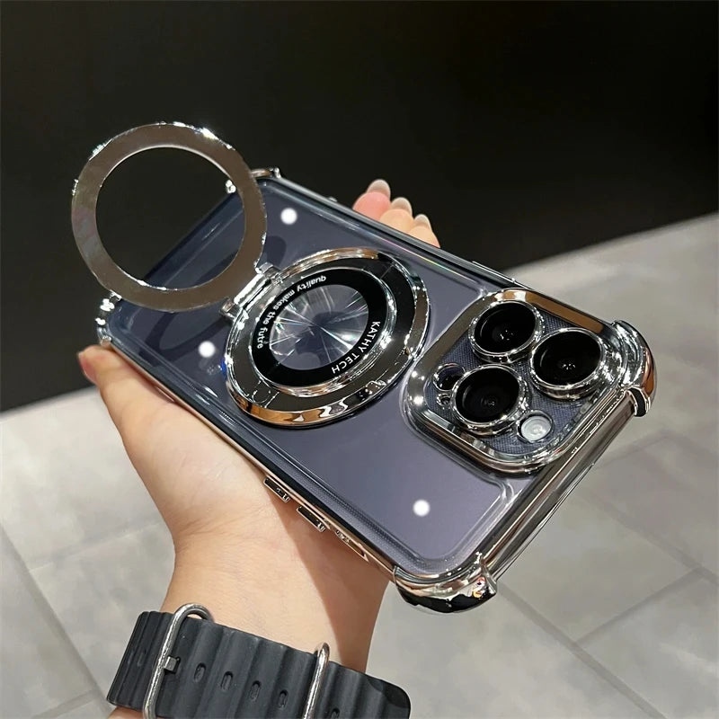 Wireless Charging Magsafe Ring Bracket Case For iPhone 16 15 14 Transparent Magnetic Bumper Cover