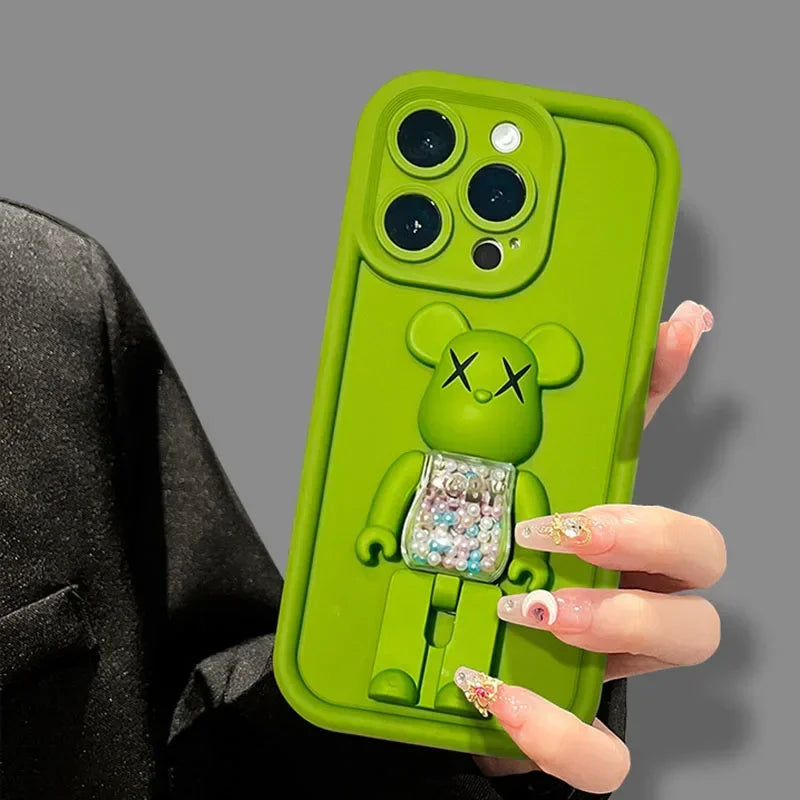 Cute 3D Bear Bracket TPU Phone Case for iPhone 16 15 14 Silicone Shockproof Matte Cover