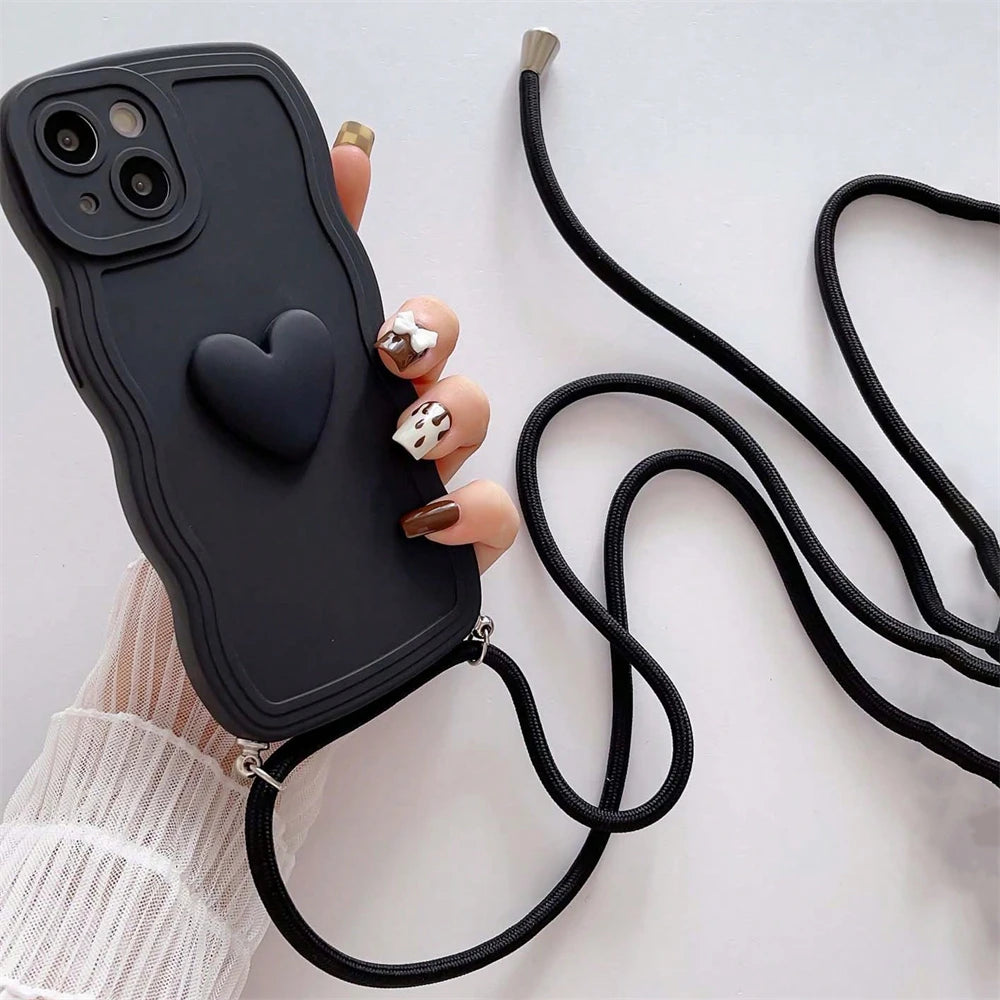 Crossbody Necklace Lanyard 3D Love Heart Wave Border Soft Case For iPhone 16 15 14