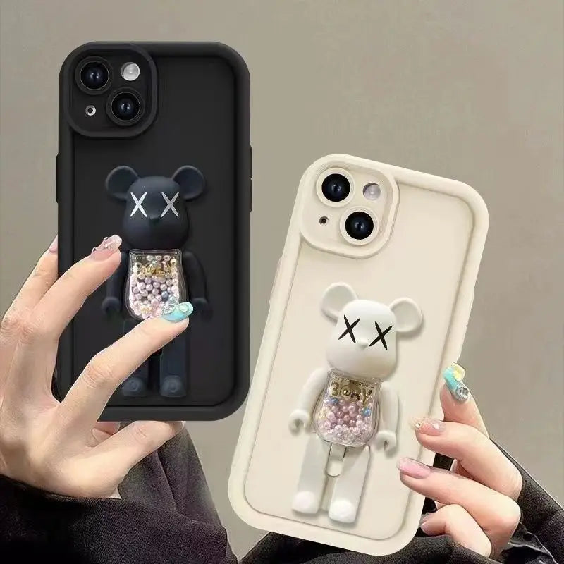 Cute 3D Bear Bracket TPU Phone Case for iPhone 16 15 14 Silicone Shockproof Matte Cover