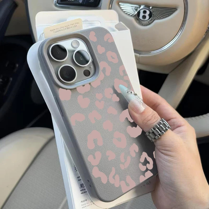 Pink Leopard Print Lichee Pattern Silicone Cover For iPhone 16 15 14