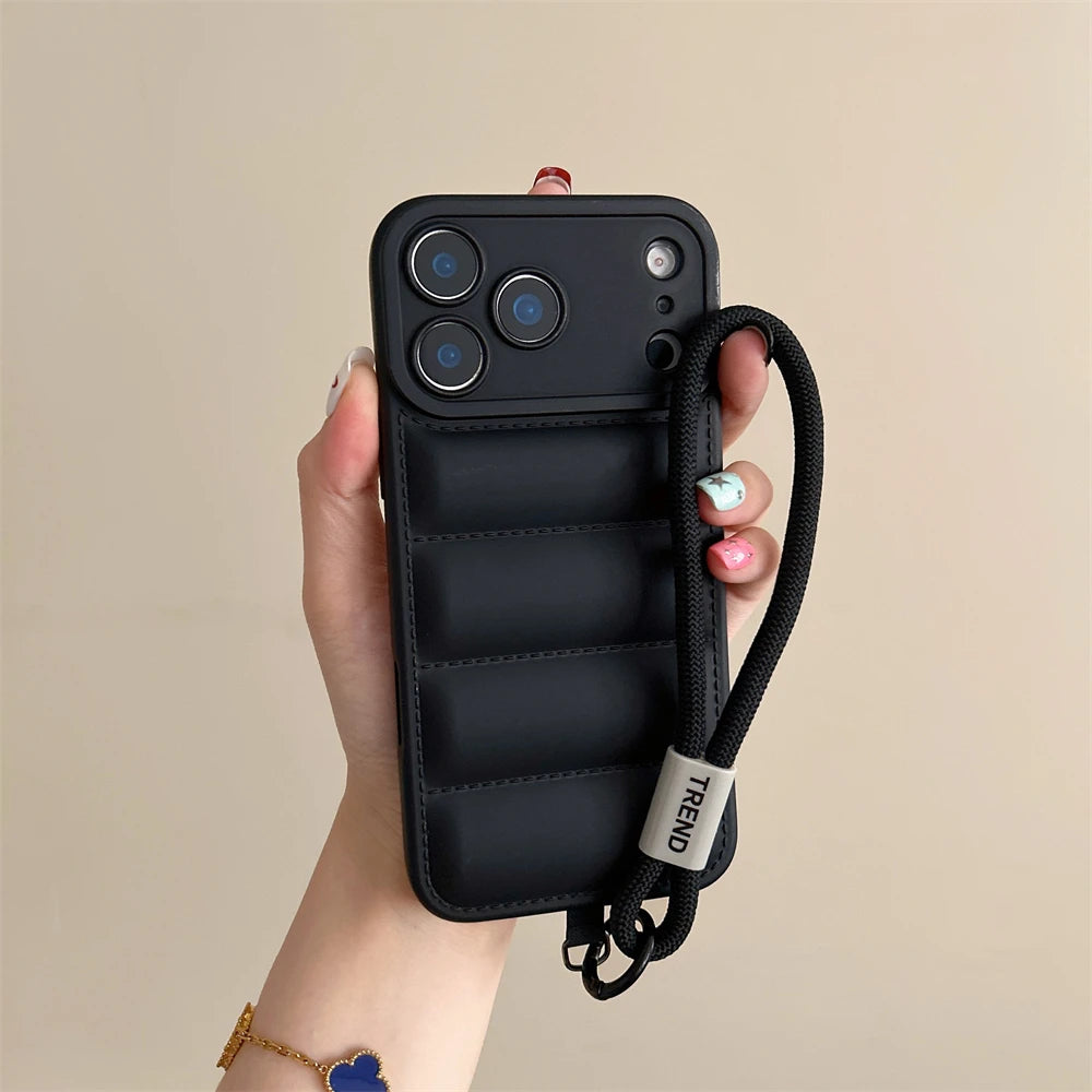 Soft Down Jacket Silicone Case For iPhone 17 Shockproof Camera Protection Wrist Strap Cover