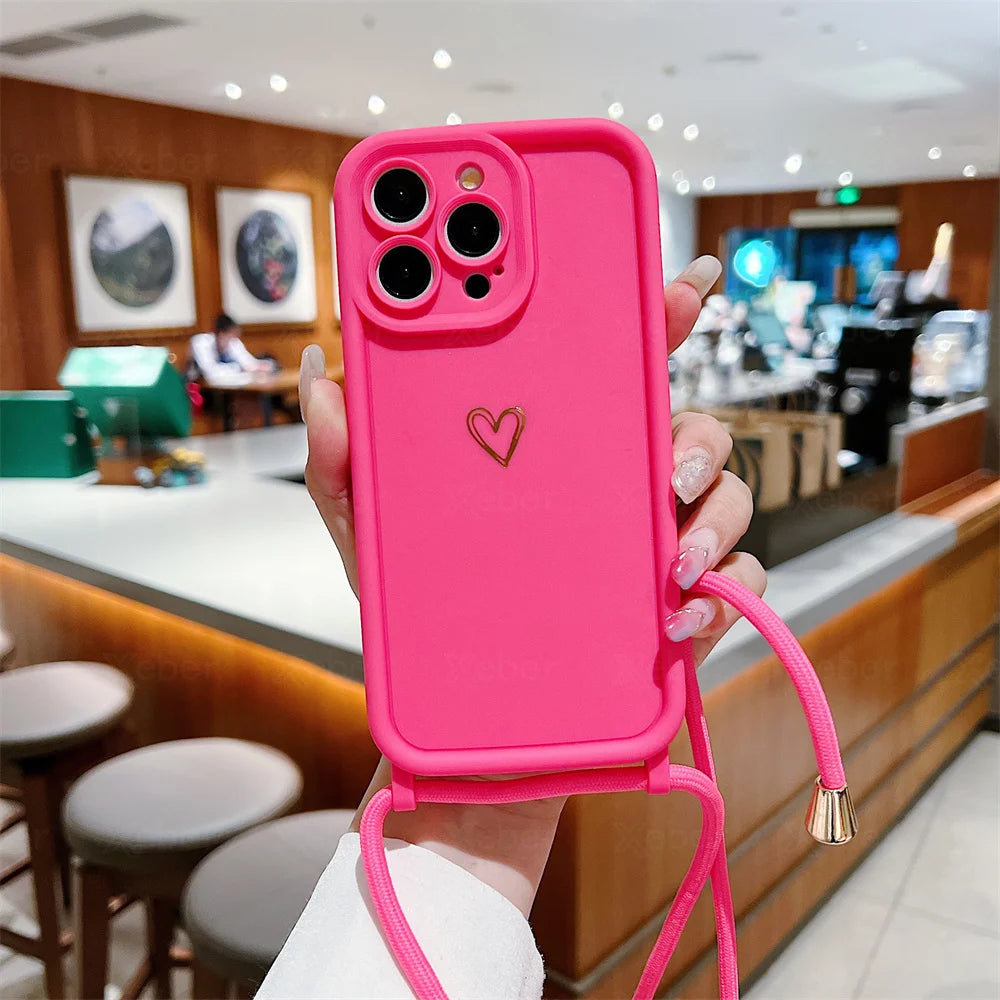 Crossbody Necklace Shoulder Strap Love Heart Silicone Phone Case For iPhone 16 15 14