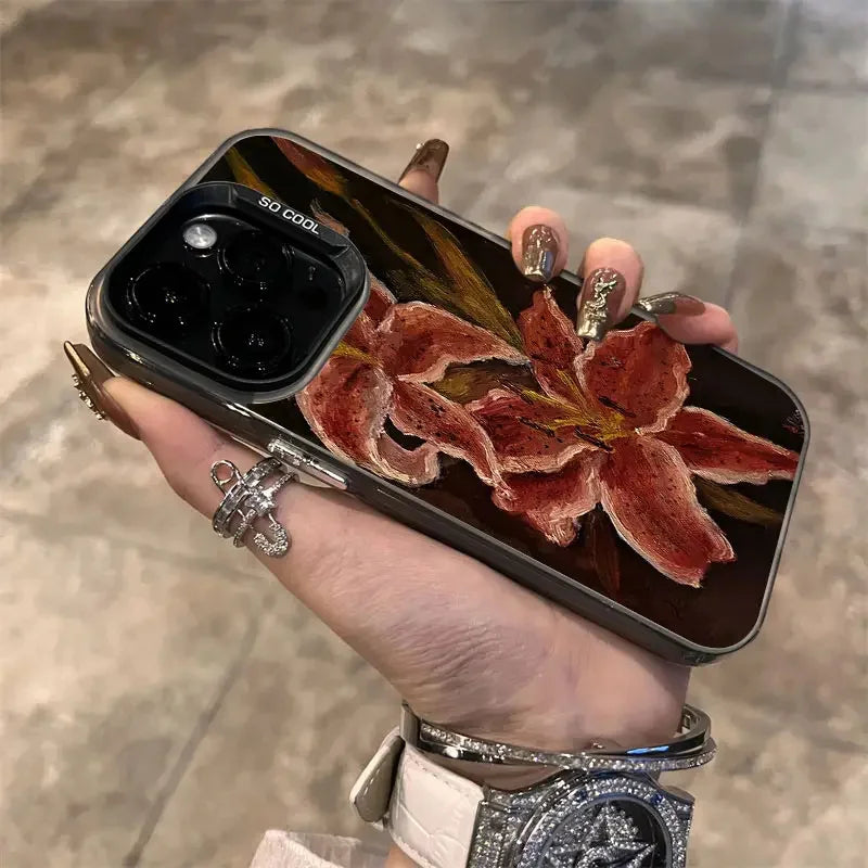 Oil Painting Lily Flower Retro Pattern Phone Case For iPhone 16 15 14 Shockproof Cover