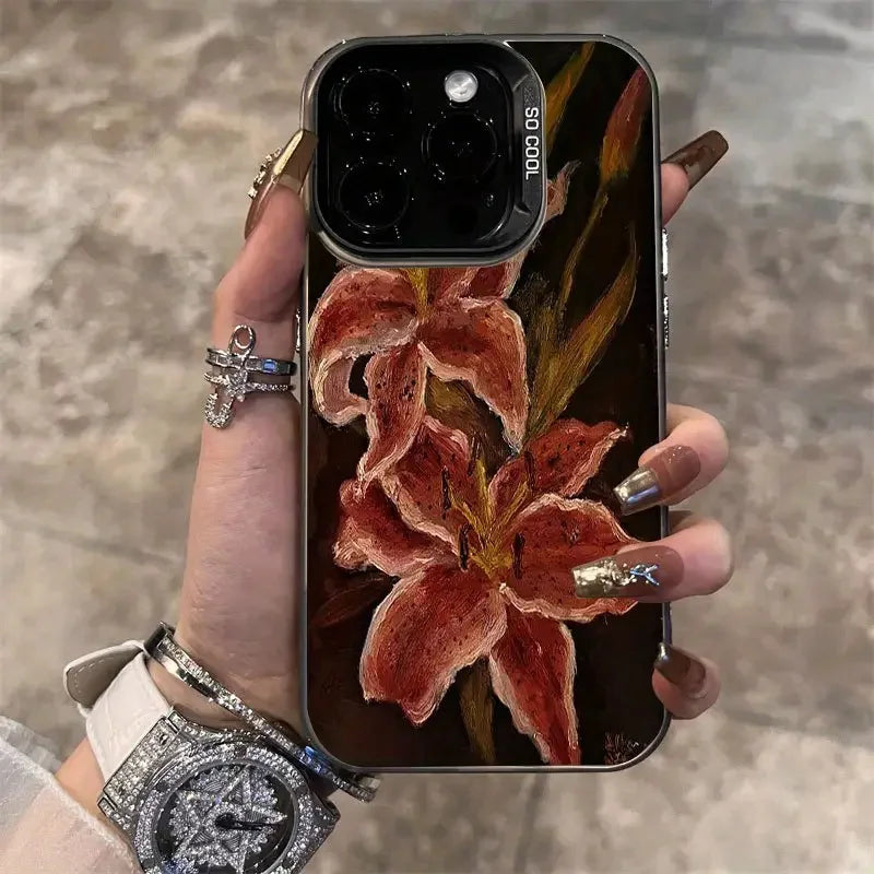 Oil Painting Lily Flower Retro Pattern Phone Case For iPhone 16 15 14 Shockproof Cover
