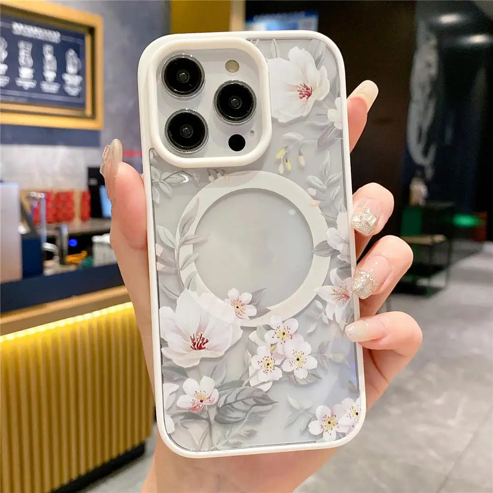 Floral Clear For Magsafe Magnetic Wireless Charging Case For iPhone 16 15 14 Hard Bumper Cover