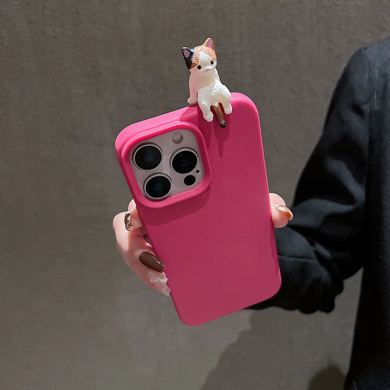 Cute 3D Cartoon Lying Cat Lychee Pattern Leather Phone Case For iPhone 16 15 14 Lovely Soft Cover