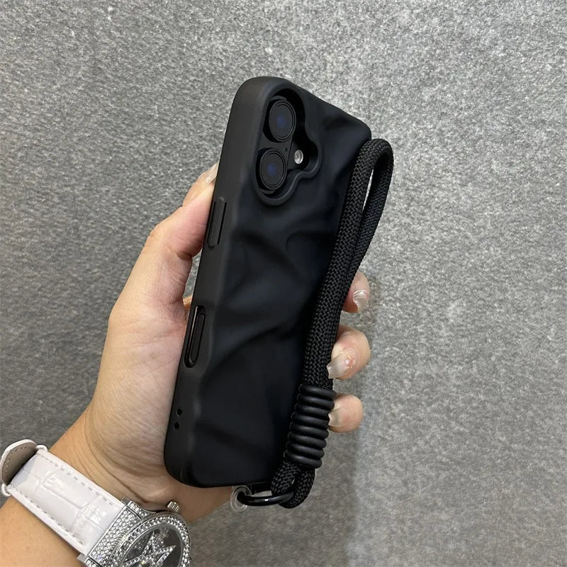 Luxury Wrinkle Matte Wrist Strap Case for iPhone 16 15 14 Lanyard Candy Solid Color Ripple Soft Silicone Cover