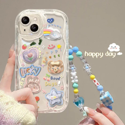 3D Bear Hang Phone Chain Lanyard Clear Soft Case For iPhone 16 15 14