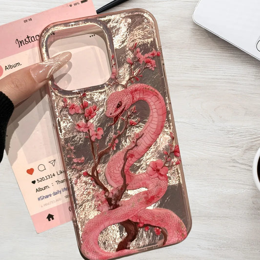 Illustration Plum Blossom Pink Snake Phone Case For iPhone 16 15 14