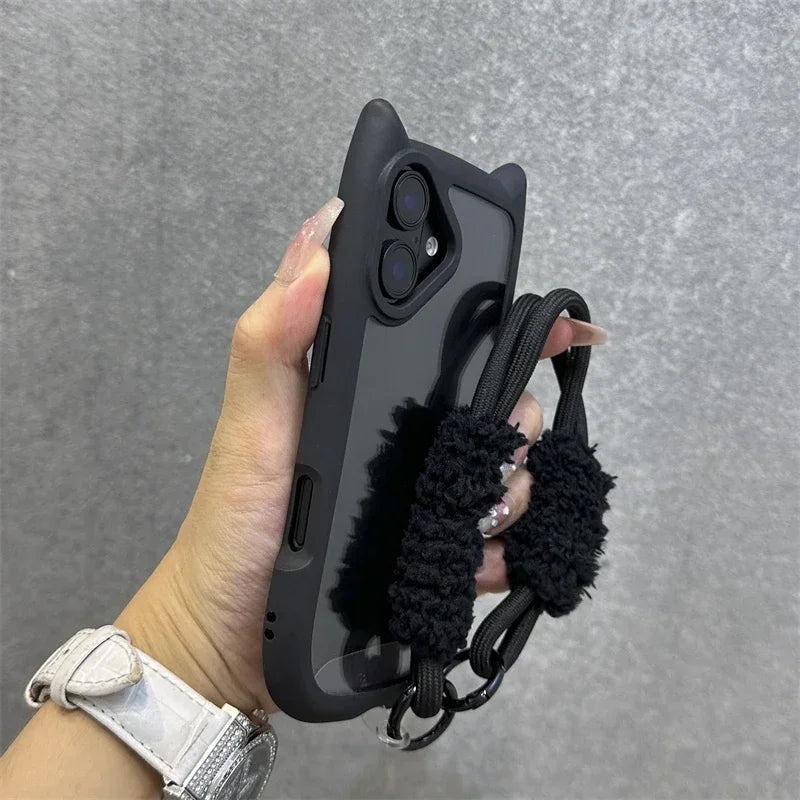 3D Cat Ear Cute Lanyard Magnetic Transparent Case For iPhone 16 15 14 Wristband Clear Magsafe Cover