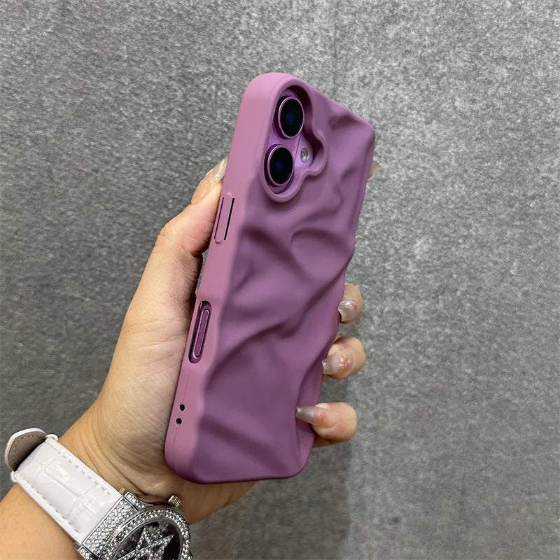 Luxury Wrinkle Matte Wrist Strap Case for iPhone 16 15 14 Lanyard Candy Solid Color Ripple Soft Silicone Cover