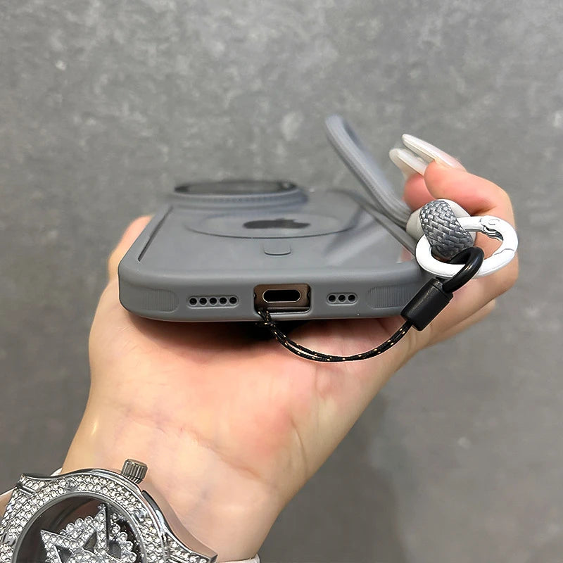 Fold Glass Lens Stand Magnetic Transparent Case For iPhone 16 15 14 Magsafe Wrist Strap Shockproof Cover