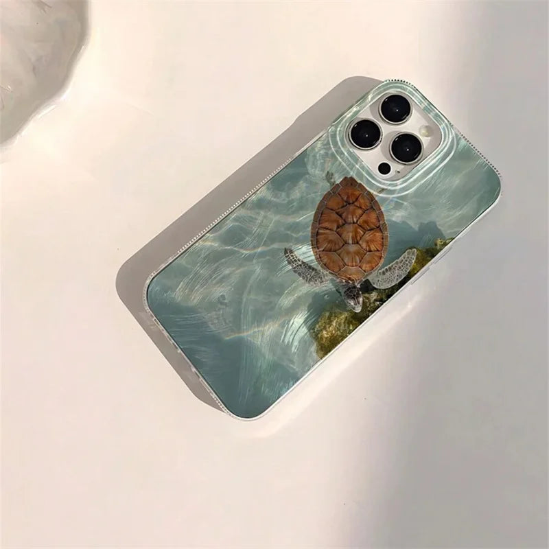 Summer Cool Turtle Pattern Phone Case for iPhone 16 15 14 Chiffon Texture Back Cover