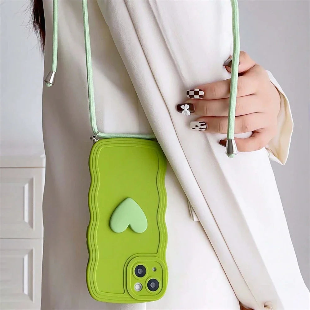 Crossbody Necklace Lanyard 3D Love Heart Wave Border Soft Case For iPhone 16 15 14