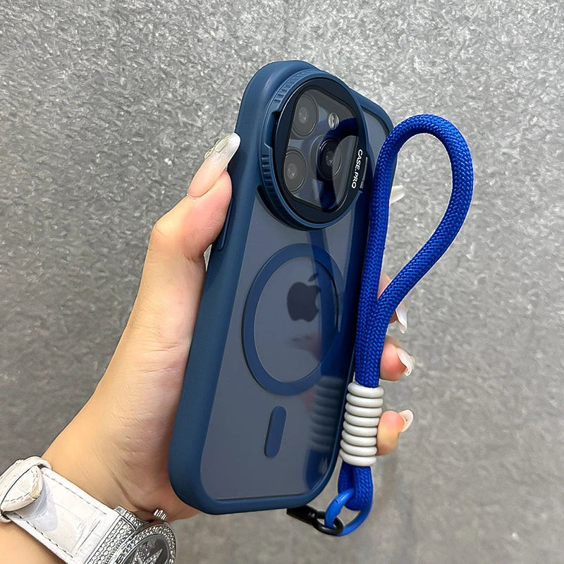 Fold Glass Lens Stand Magnetic Transparent Case For iPhone 16 15 14 Magsafe Wrist Strap Shockproof Cover