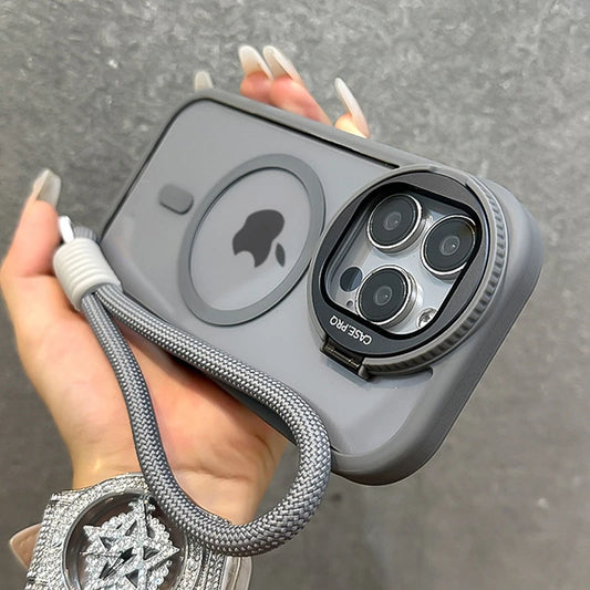 Fold Glass Lens Stand Magnetic Transparent Case For iPhone 16 15 14 Magsafe Wrist Strap Shockproof Cover