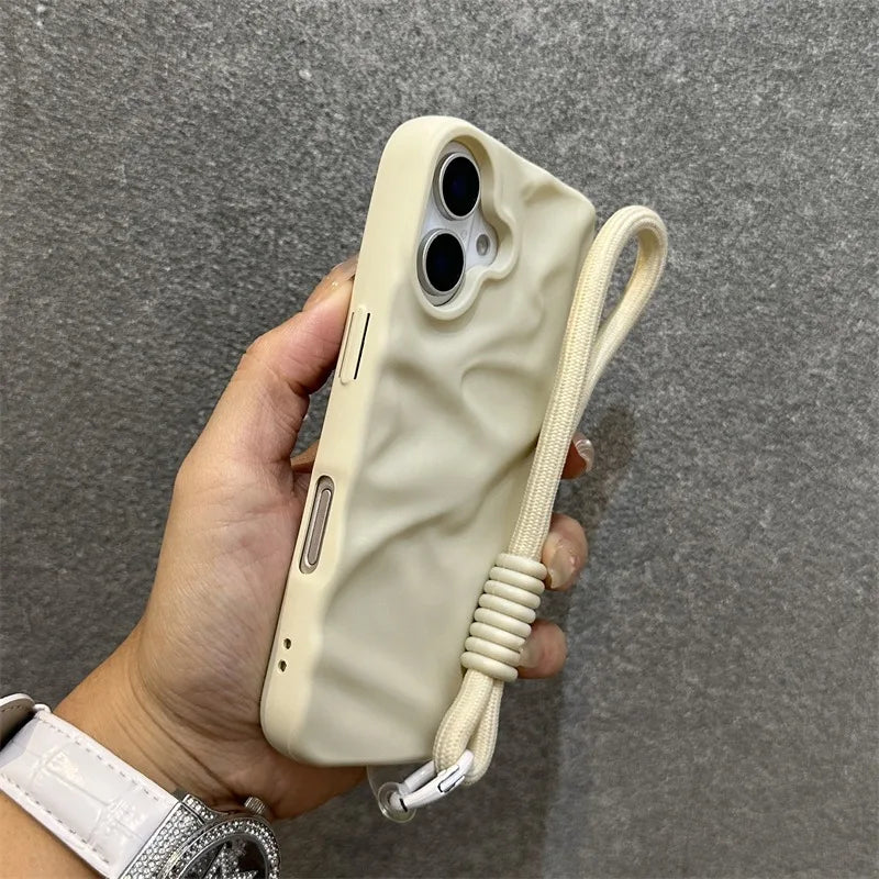 Luxury Wrinkle Matte Wrist Strap Case for iPhone 16 15 14 Lanyard Candy Solid Color Ripple Soft Silicone Cover