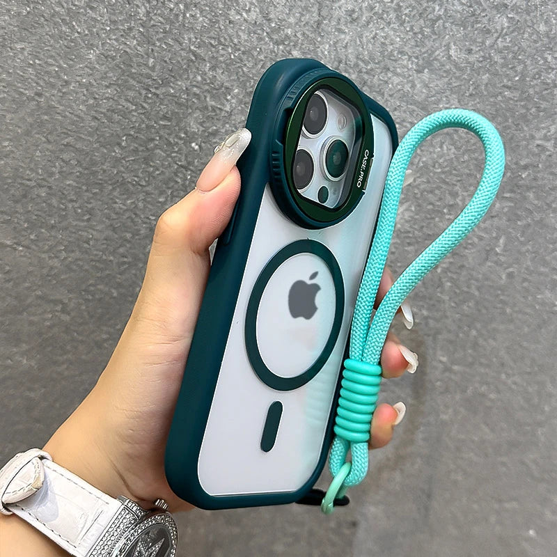 Fold Glass Lens Stand Magnetic Transparent Case For iPhone 16 15 14 Magsafe Wrist Strap Shockproof Cover