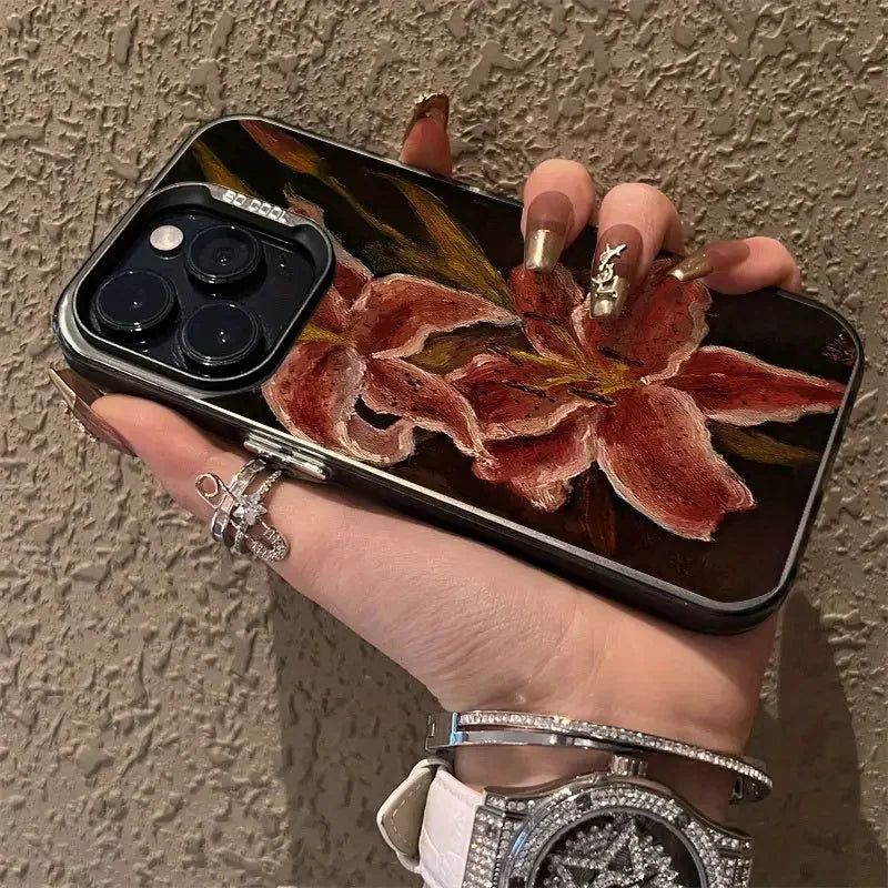 Oil Painting Lily Flower Retro Pattern Phone Case For iPhone 16 15 14 Shockproof Cover