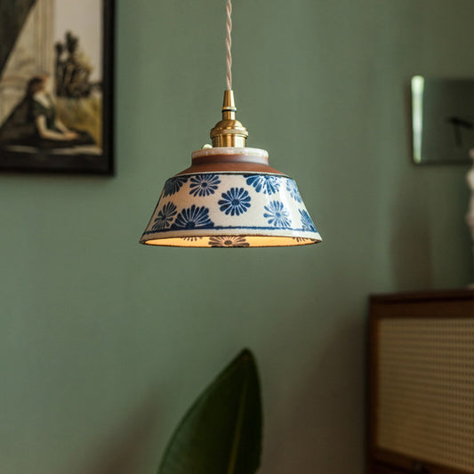 Chinese-style Retro Tea Room Colored Glazed Ceramic Blue-and-white Pendant Lamp