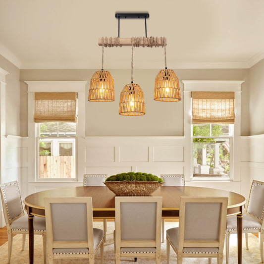 Boho Ceiling Lights Rattan Chandelier Light Hand Woven Flush Mount Hanging Lamp Pendant