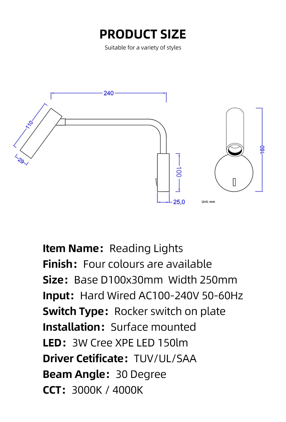 ZEROUNO led wall light wall lamp arm swivel home modern decor bedroom switch LED 3W reading light bedside indoor home interior