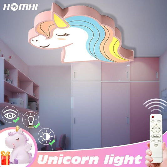 Unicorn Kids Room Light Led Ceiling Lights With Remote Control Cartoon Lampshade Children Room Cute Ceiling Lamp Deco Child Room