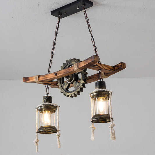American Light Design Vintage Chandelier Retro Cafe Bar Restaurant Wooden Loft Pendant Lamp Gear Industrial Hanging Glass Light