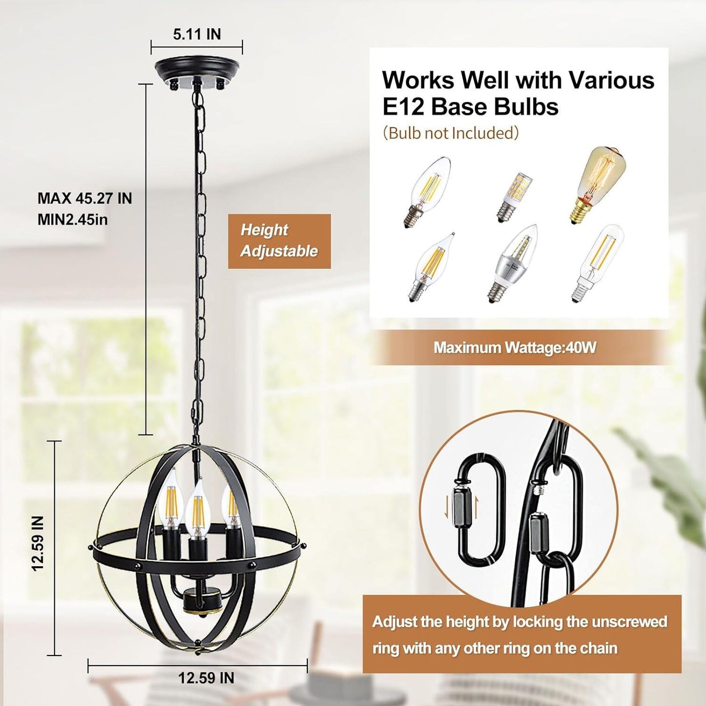 Globe Chandelier Farmhouse Hanging Lighting Ceiling Light Fixture