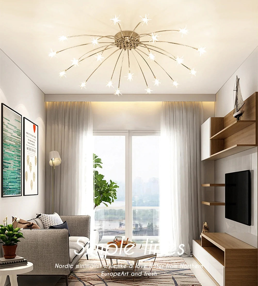 Starry Sky Stars LED Ceiling Lights Light Modern Round Crystal Glass 21/28 Heads Stars Lamps Bedroom Living Room Fixtures