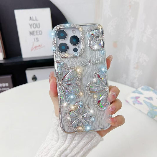Sparkling Diamond Flower Cover Funda Ripple For iPhone 11 12 13 14 15 16 Pro Max Plus Air Gradient Color Glitter Cases Plating Case