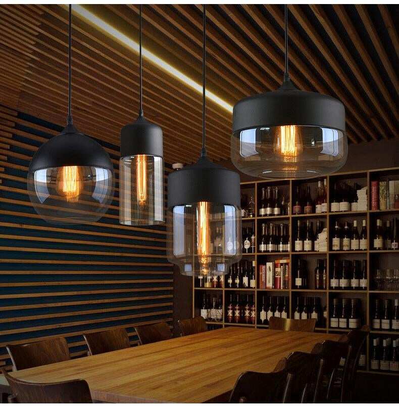 Metal Industrial Glass Pendant Light Black Loft Bar Counter Dining Room Personality Creative Glass Ceiling Hanging Lamp