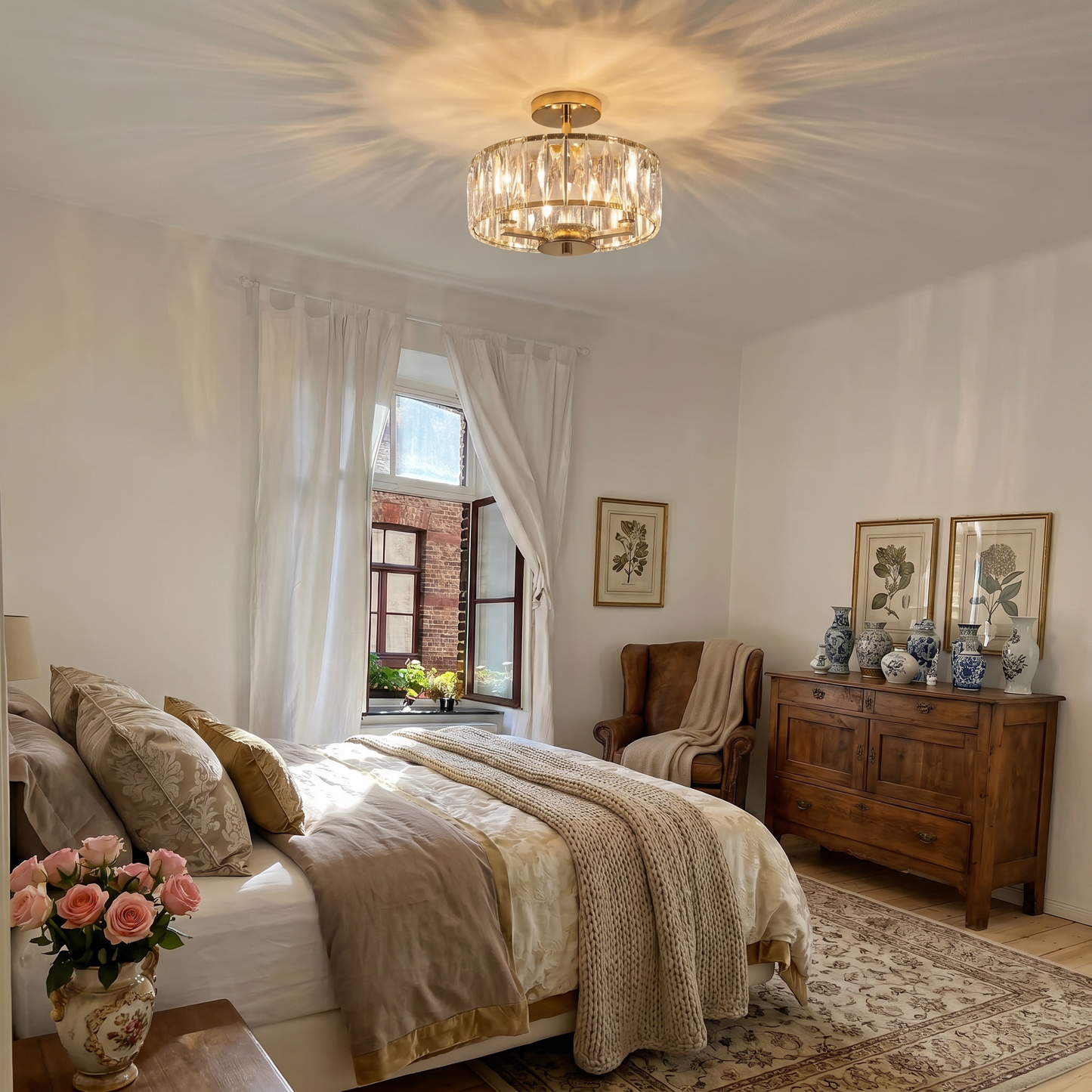 Modern Gold Round Crystal Ceiling Light K9 Crystal Semi Flush Mount Fixture for Living Room Bedroom Hallway