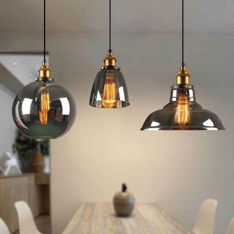 Vintage Glass Pendant Lights Loft Hang Lamp Smoky Grey Hanging Light