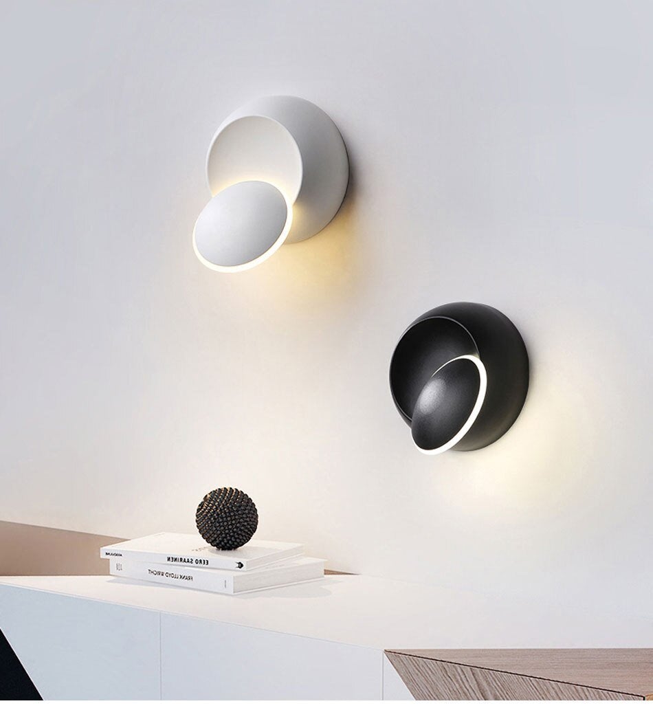 LED Wall Lamp 360 degree rotation adjustable bedside light White and Black creative wall lamp Black modern aisle round lamp