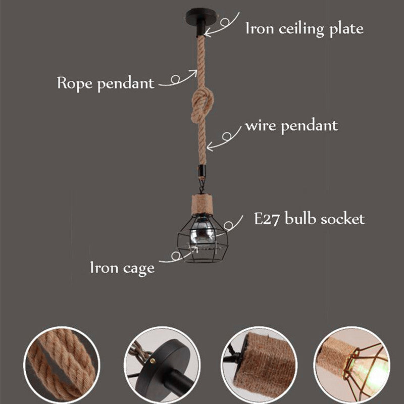 Vintage Iron Hemp Rope Iron Frame Single Head  Pendant Lights Dining Room Hot Pot Restaurant Retro Industrial Style Pendant Lamp