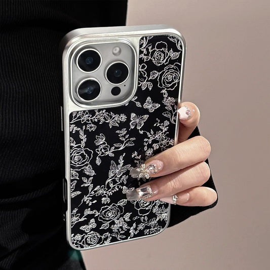 Gilding Line Butterfly Rose Electroplated Silver Border Phone Cover Case for iPhone 17 16 15 14 13 12 11 Pro Max Plus XR